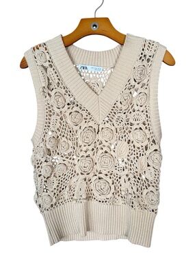 Zara 100% Cotton 3D Flower Crochet Beige Vest Coquette Boho Feminine S